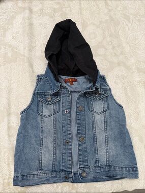 Kids Denim Vest with Black Hood - Lightweight Sleeveless Jacket